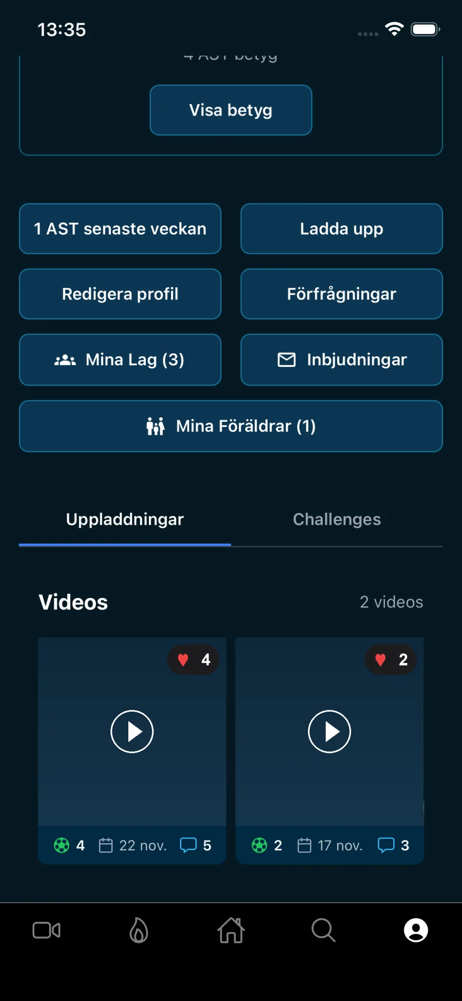 Breakout-appen med en spelarprofil och uppladdade klipp