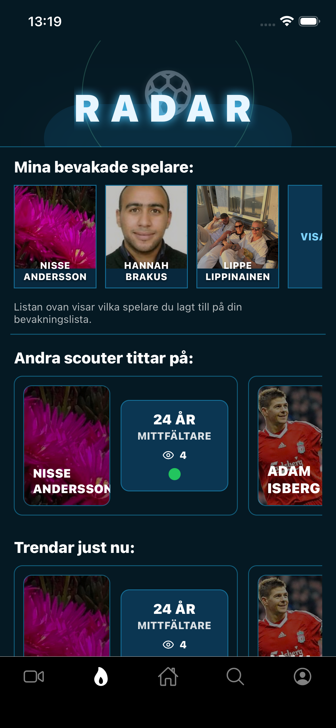 Scoutradar med profilvy och video