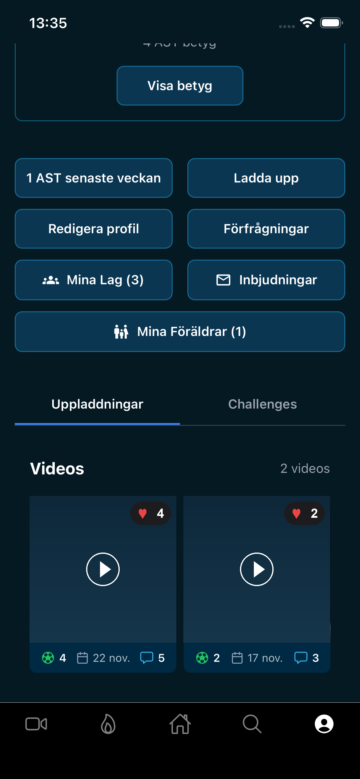 Breakout-appen med en spelarprofil och uppladdade klipp